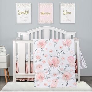 Floral Crib Bedding Set - Pink and White